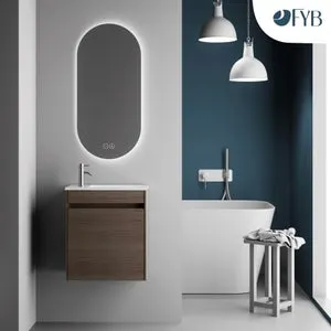 Feel Your Bath, Conjunto Mueble ANT 45x25x50 Madera Oscura + Encimera Cerámica Blanca Brillo – 1 Puerta, Minimalista