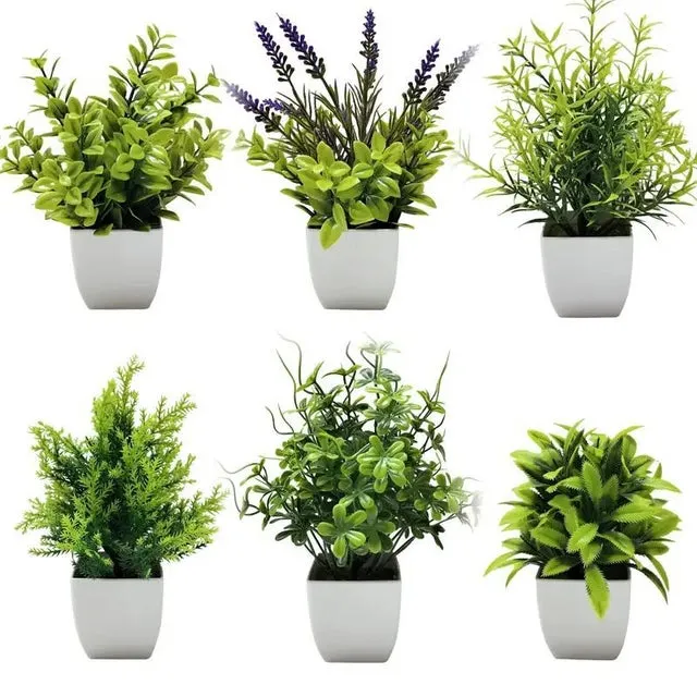 6 plantas artificiales de lavanda en maceta: decoración de escritorio o mesa con contenedor, plantas verdes de plástico duradero