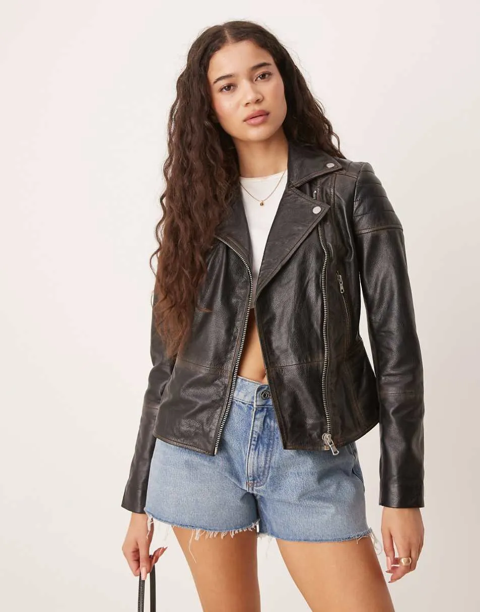 Barney's Originals worn leather biker jacket in washed black