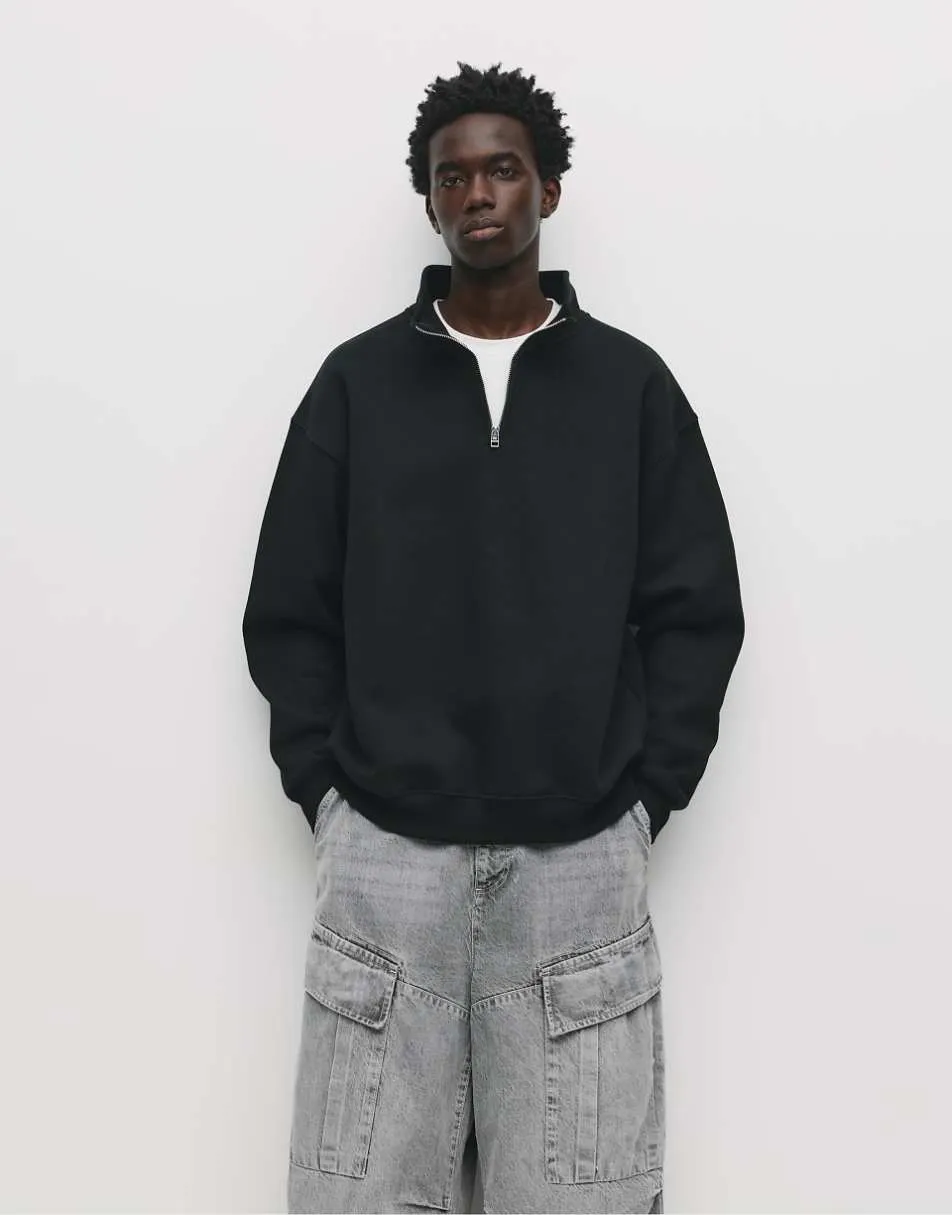 Pull&Bear Basic quarter-zip sweatshirt in black