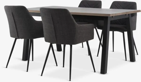 SKOVLUNDE L160 tafel donker eiken + 4 PURHUS grijs/zwart