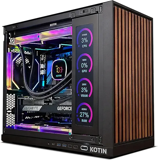 KOTIN G60B Prebuilt Gaming PC, GeForce RTX 5070 12GB GDDR7, AMD Ryzen 7 9700X, 32GB DDR5 6000MHz, 1TB PCIe 4.0 SSD, 360mm Liquid Cooler, 11.3 Inch Smart Display, WiFi 7, ARGB Tower for 4K Gaming