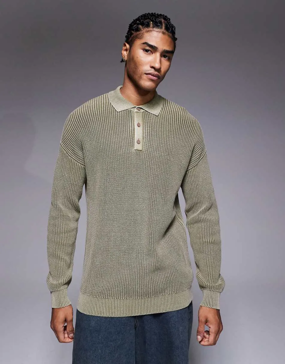 ASOS DESIGN relaxed knitted ribbed polo jumper in khaki acid wash