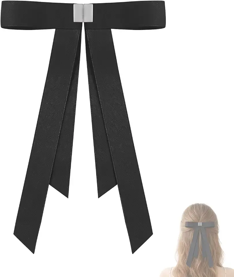 Black Magnetic Hair Bow Clip, Satin Long Ribbon Tails for Women Girls