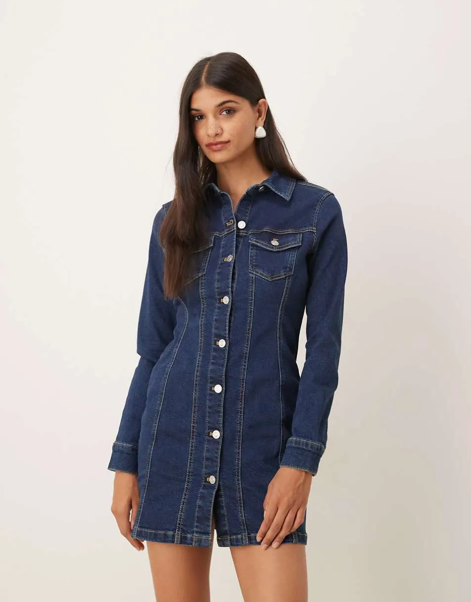 ASOS DESIGN denim long sleeve fitted shirt mini dress in rinse