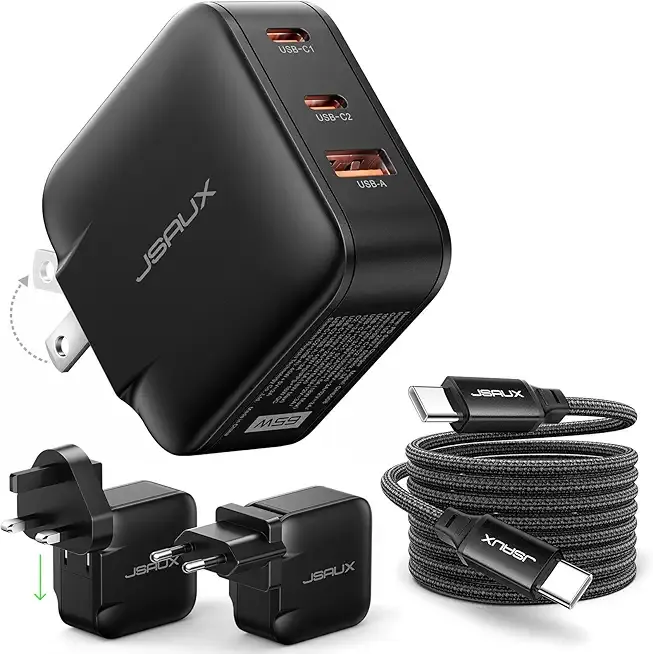 JSAUX 65W USB C Wall Charger, 3-Port GaN Fast Charger Block with Foldable Plug, Includes 6.6FT USB C Cable & UK/EU Travel Plugs, Compact Charger for Laptop, iPhone 17, Galaxy, Switch 2, Steam Deck
