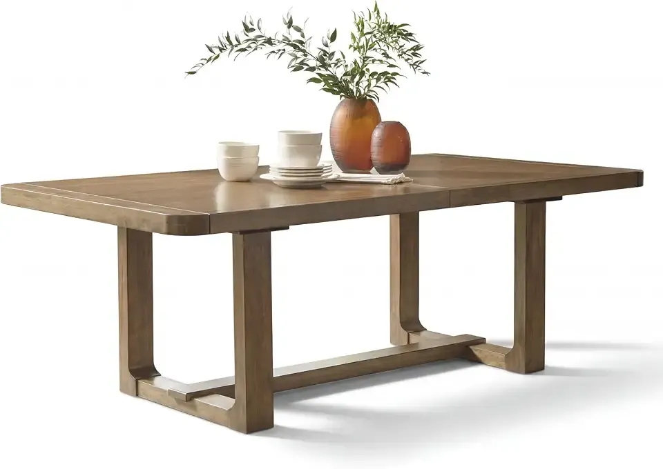 Signature Design by Ashley Cabalynn Dining Table, Light Brown, 84-108 in | Hardwood solids, hickory veneer and MDF substrates, Seats up to 10 with a smooth metal slide system, Sturdy trestle base