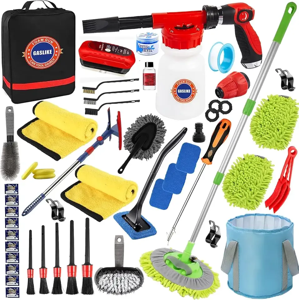 56Pcs Car Wash Cleaning Kit with Foam Gun, Car Wash Brush with Long Handle, Car Detailing Kit, Car Wheel Brush for Car Cleaning Supplies, Adjustable Hose Wash Sprayer-Quick Connector to Any Hose
