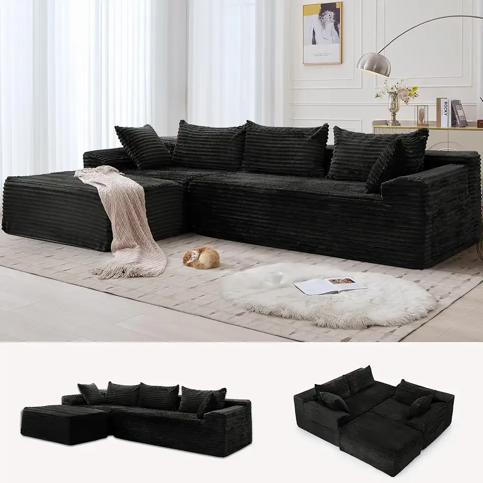 108" Sectional Couches for Living Room, Modular Sectional Sofa with L-Shape Chaise, Cloud Couch, Comfy Corduroy Fluffy Couch with Deep Seat and Side Pockets, No Assembly Required