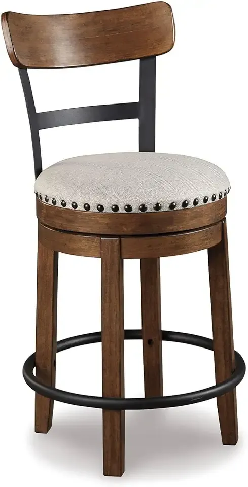 Signature Design by Ashley Valebeck Swivel Barstool With Back, Rustic-Industrial Wood and Metal, 360-Degree Swivel Counter Height Stool for Kitchen Island Seating, Linen Color