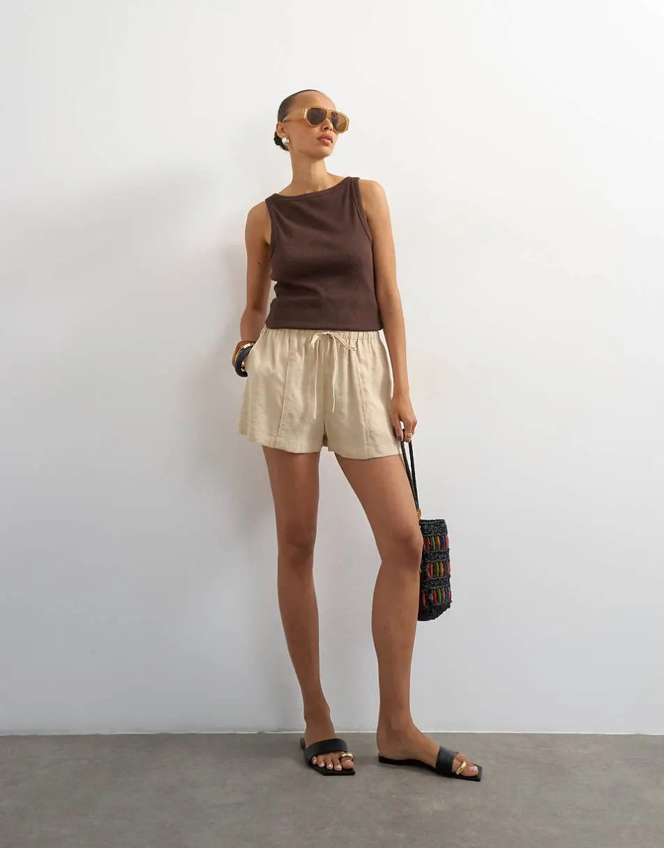 Topshop tie waist seam detail shorts in stone
