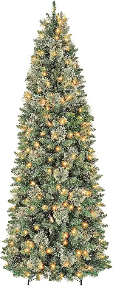 Hykolity 6 ft Prelit Pencil Slim Christmas Tree with 200 Warm White LED Lights, 544 PVC Branch Tips, Metal Stand and Hinged Branches