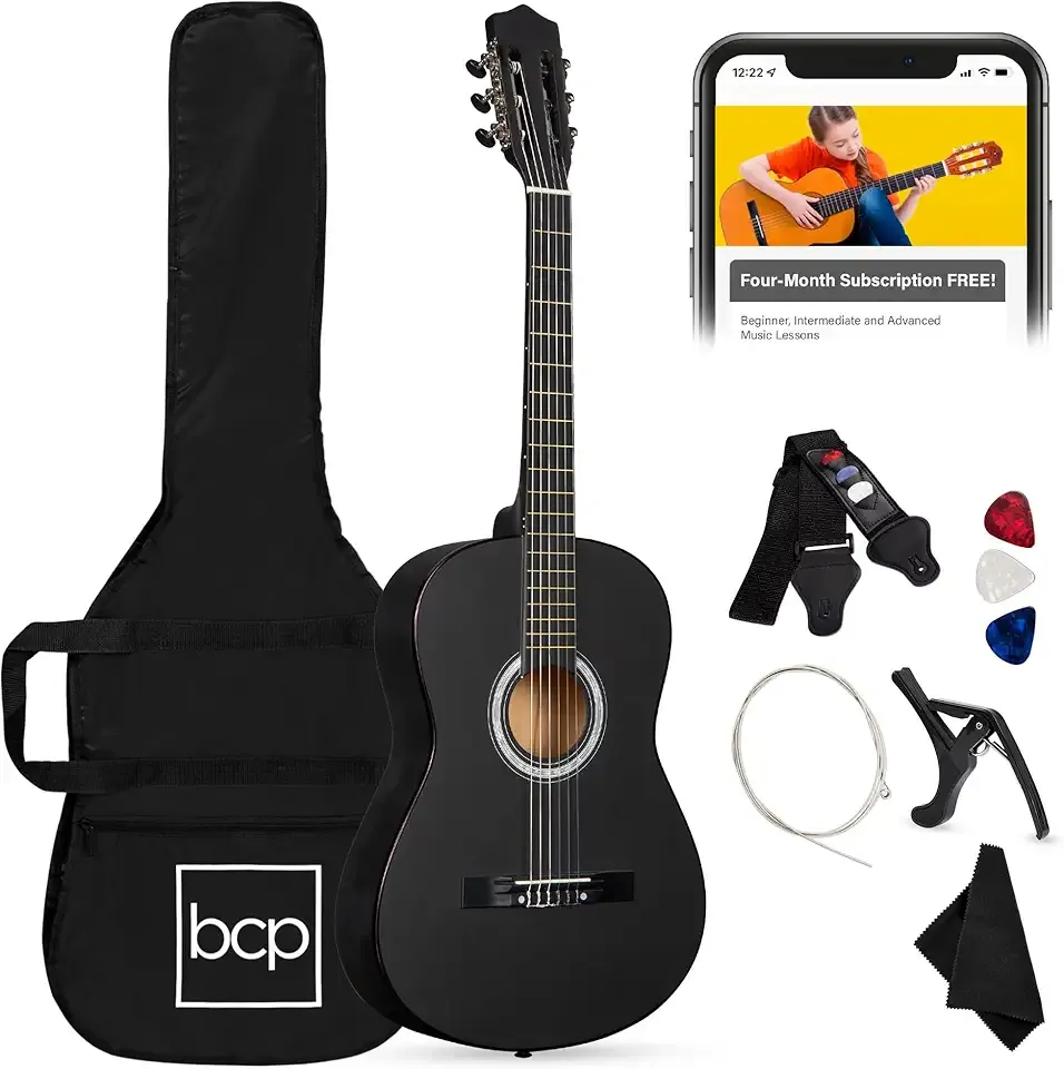 Best Choice Products 38in Beginner All Wood Acoustic Guitar Starter Kit w/Gig Bag, 6 Picks, Nylon Strings, Strap w/Pick Holder - Matte Black