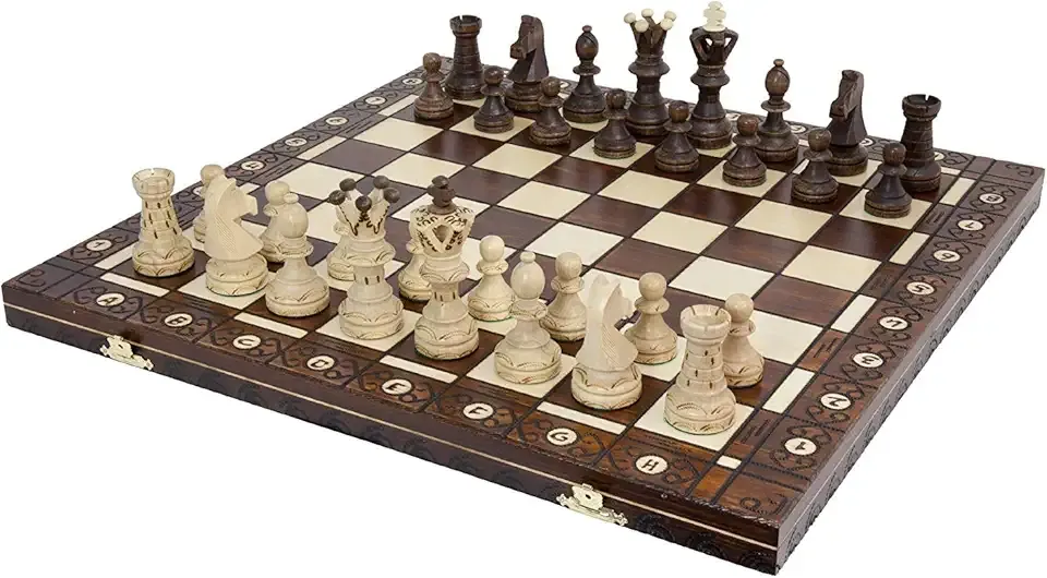 Wegiel Handmade European Ambassador Chess Set - Wooden 21 Inch Beech & Birch Board with Felt Base - Carved Hornbeam & Sycamore Wood Chess Pieces