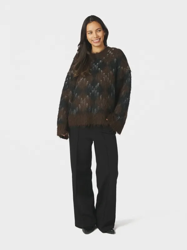 Roeme Check Fluffy Knit Blouse Dark Brown