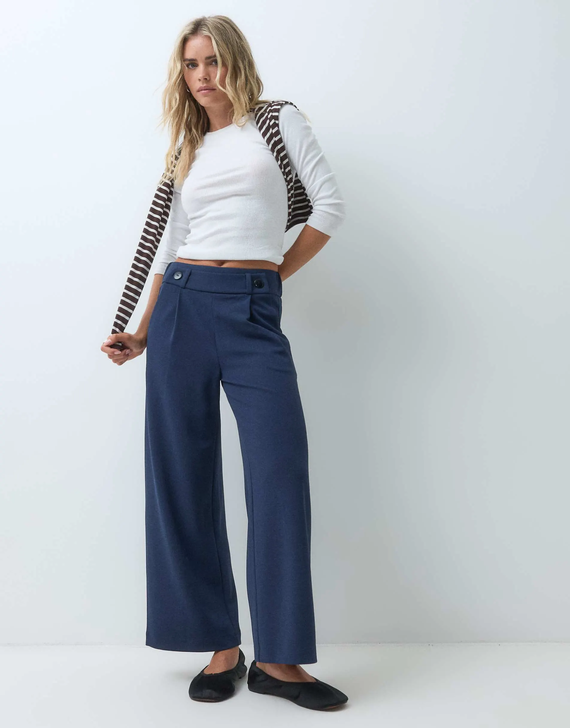 JDY Petite high waisted wide fit tailored trousers in navy