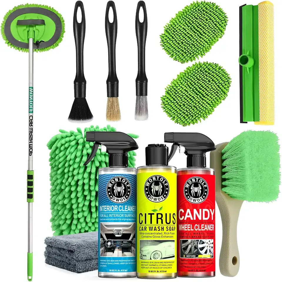 Wontolf 17pc Car Wash Kit, Car Cleaning Kit with Car Wash Brush Long Handle, Car Wash Soap, Interior Cleaner, Wheel Cleaner, Window Squeegee, Car Interior Detailing Kit for Cars Trucks RVs SUVs