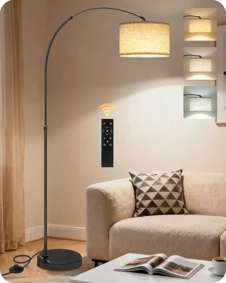 75" Tall Dimmable Arc Floor Lamp with Marble Base, Adjustable Height, Beige