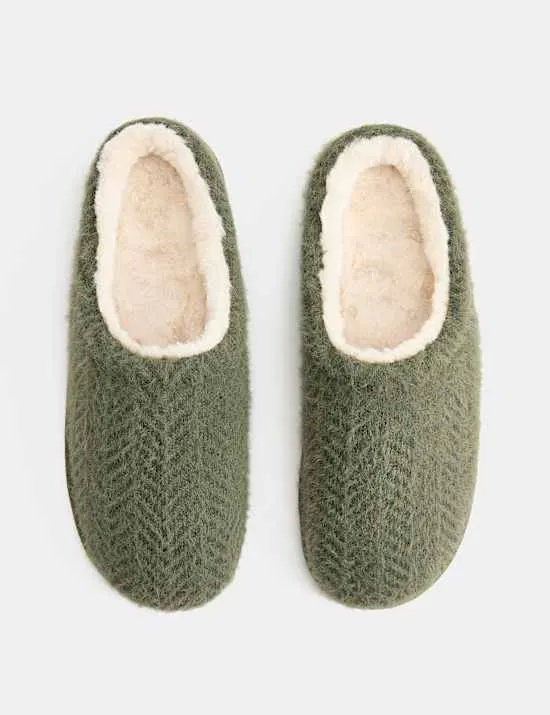 Fleece Lined Herringbone Mule Slippers