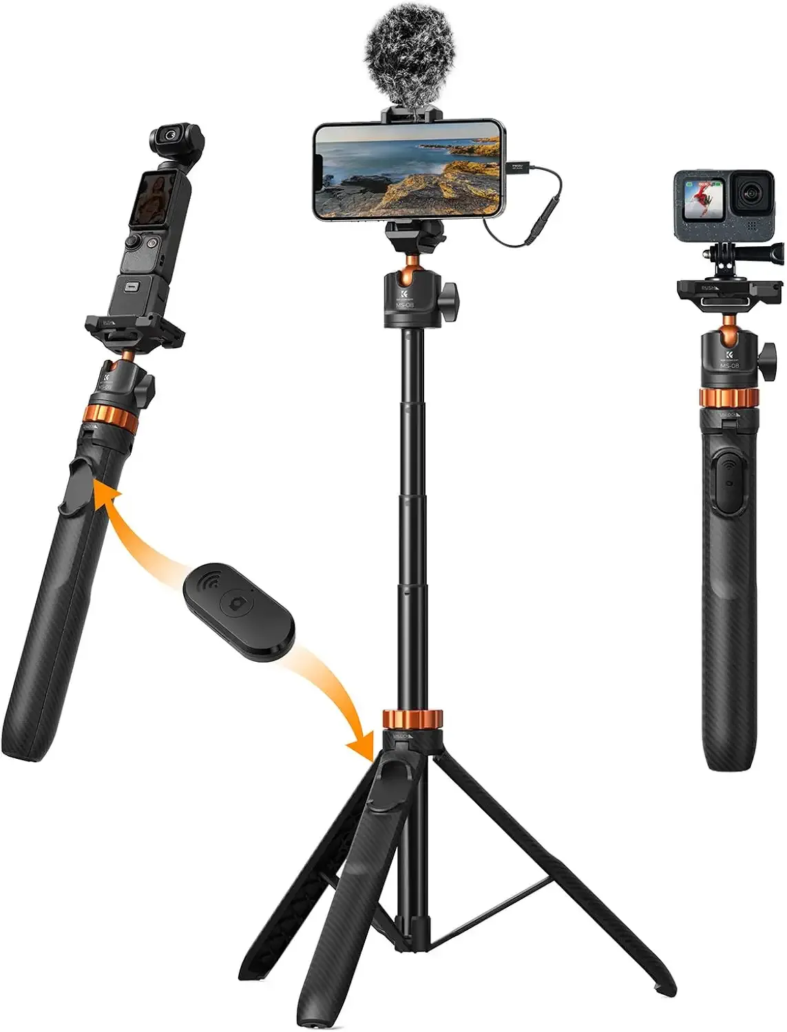 K&F CONCEPT 62'' Phone Selfie Stick Tripod | 360° Ball Head Camera Tripod with Remote, 2-in-1 Phone Holder Compatible with DJI Osmo Pocket 4/3 Insta360 Luna Ultra. MS08