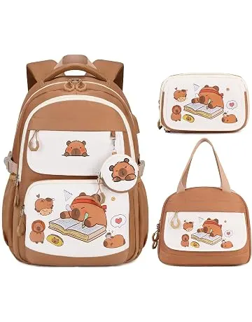 Similove Capybara Theme Backpack for Girls with Lunch Box & Pencil Case | Cute Girls Backpack Kawaii Bookbag for Girls Kingdergarten Teens Elementary School Student