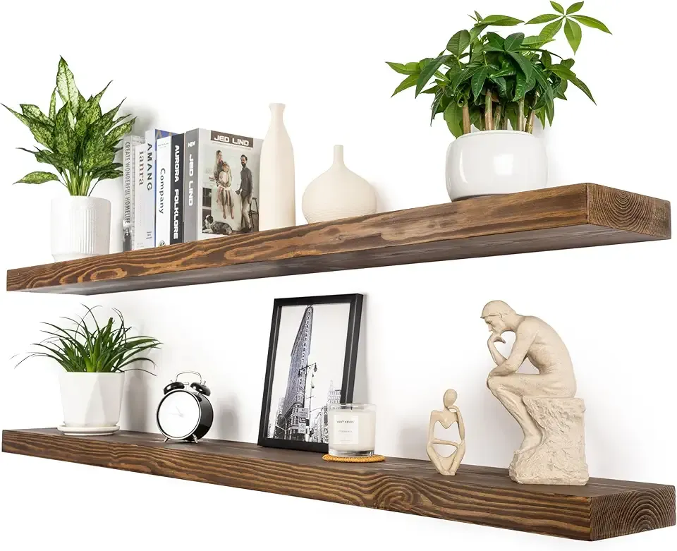 Walnut Floating Shelves 60 Inch Long 8-in Deep Set of 2, High End Real Solid Wood Floating Shelves for Wall,Suitable for Kitchen and Coffee Bar, with Sturdy Hidden Bracket
