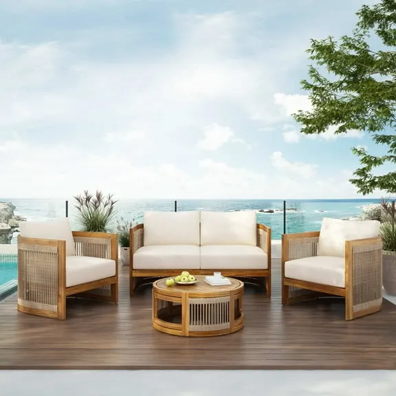 Christopher Knight Home 4-Piece Outdoor Conversation Set, Curved Woven Rope Chairs & Coffee Table, Teak+Beige