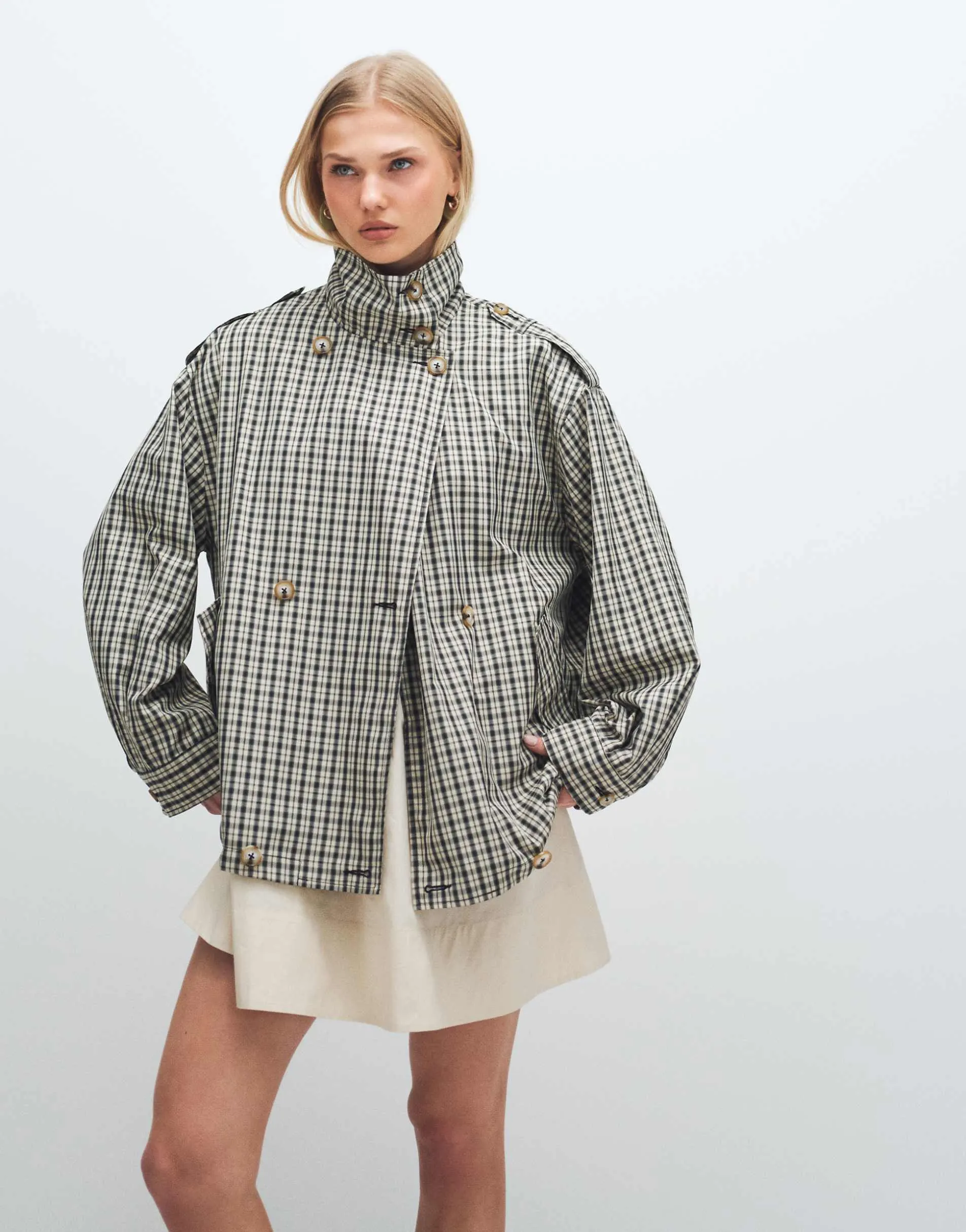 ASOS DESIGN funnel neck button front trench jacket in stone check