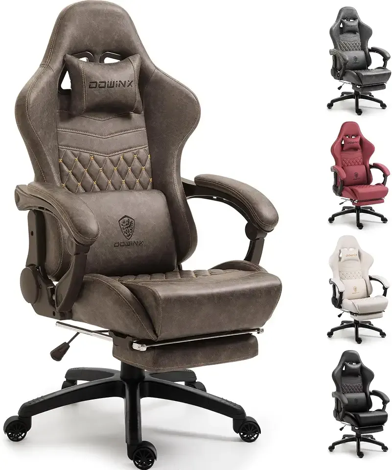Dowinx Big & Tall Vintage Gaming Chair for Adults, 400 lb Capacity Heavy Duty Ergonomic Computer Chair with Massage Lumbar, Footrest & Easy Side Recline, Brown