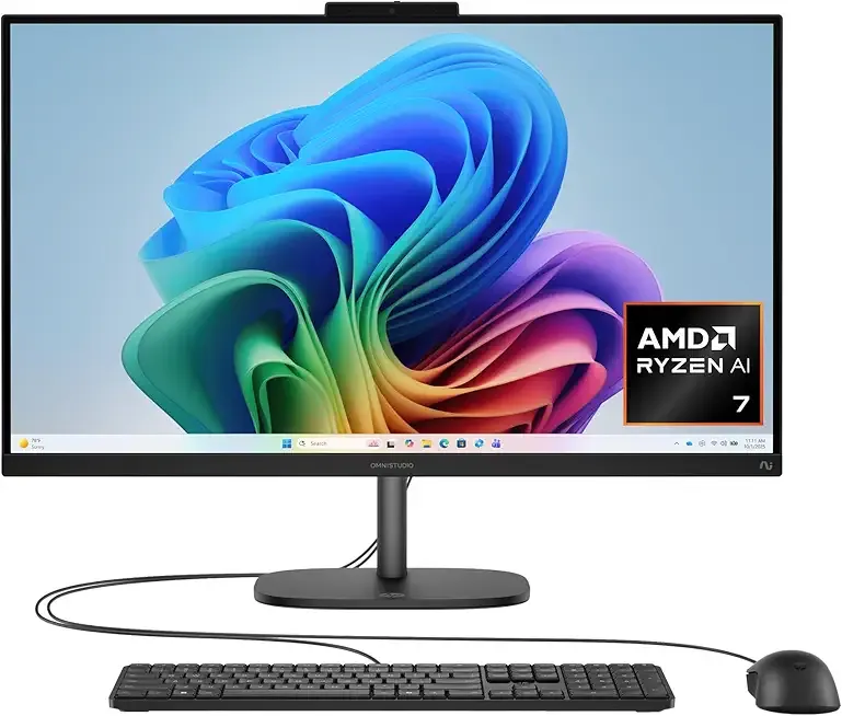 HP OmniStudio 27 inch All-in-One Desktop Next Gen AI PC, FHD Display, AMD Ryzen AI 7 445, 16 GB RAM, 512 GB SSD, AMD Radeon 840M Graphics, Windows 11 Home, Jet Black, 27-cw0102 (2026)