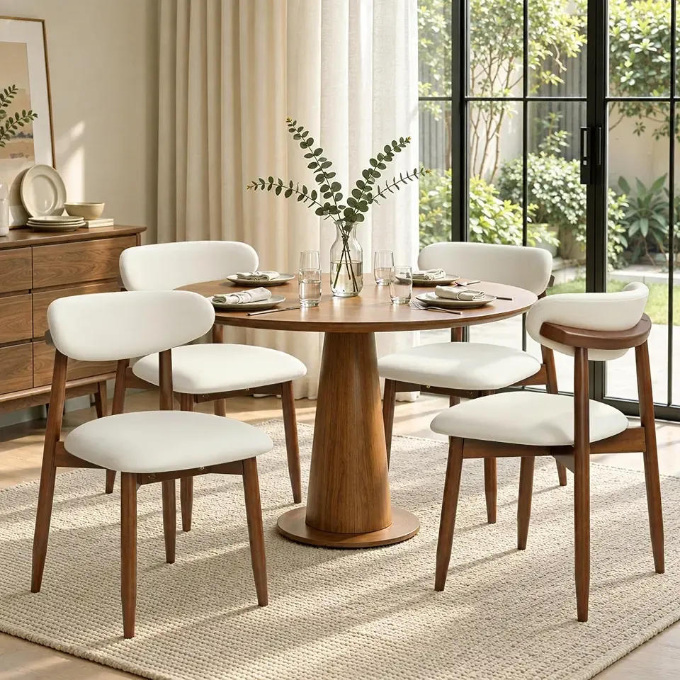 CHUN YI Dining Chairs Set of 4, Upholstered Wooden Dining Room Chairs, Mid Century Modern Fabric Kitchen Chair with Ergonomic Curved Backrest, Beige (Only Chairs)
