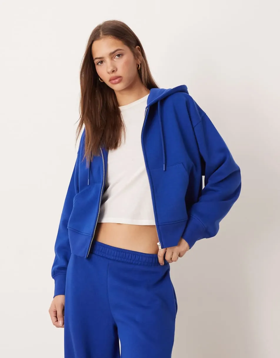 ASOS DESIGN cropped zip through brushback hoodie in deep blue