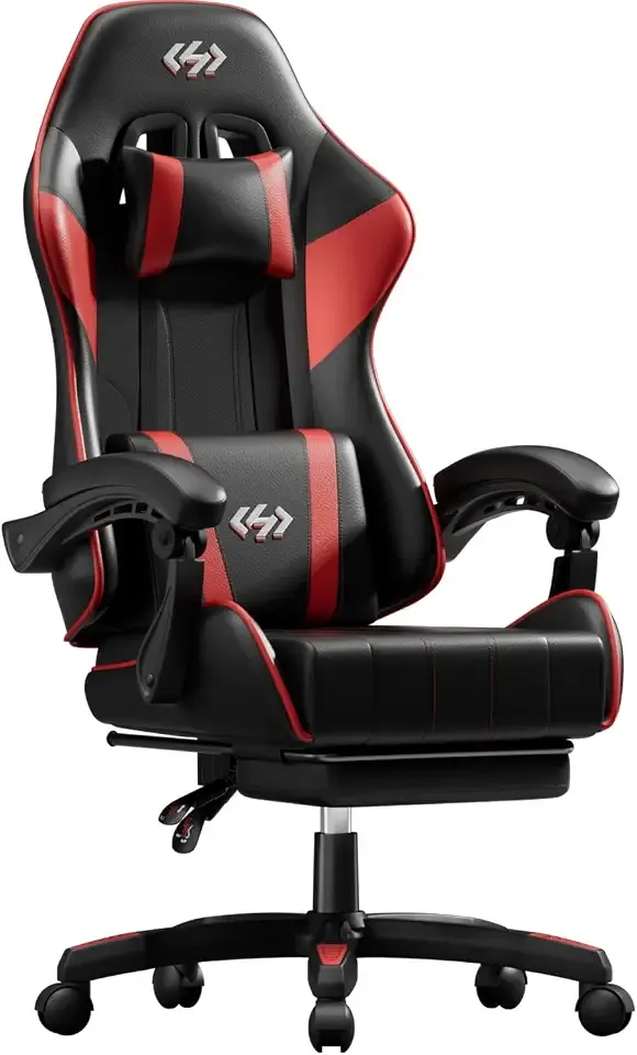 HLDIRECT Gaming Chair, Ergonomic Computer Office Chair with Lumbar Support Footrest Headrest, Adjustable Height & Backrest Angle Video Gamer Chair, PU Leather, 360° Swivel, Adult (Black&Red)