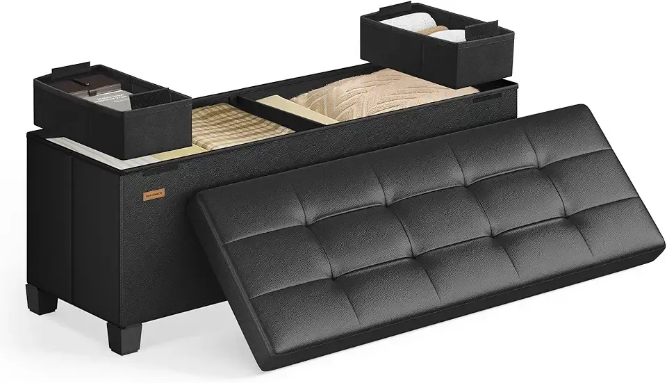 Storage Ottoman, Storage Bench with Legs, 15 x 43.3 x 15.7 Inches, Ottoman Bench, 30 Gal. (112 L), Synthetic Leather, for Living Room, Entryway, Ink Black ULSF0514B02