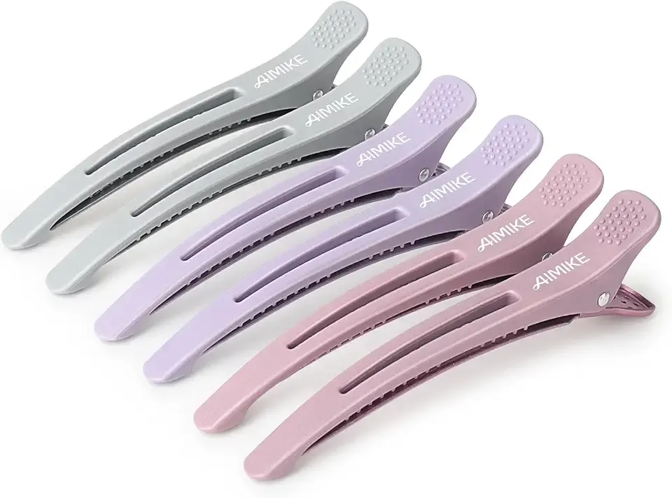 AIMIKE Hair Sectioning Clips with Silicone Band - 6pcs No Crease Duck Billed Clips for Styling, Cutting, and Rollers in Morandi Color