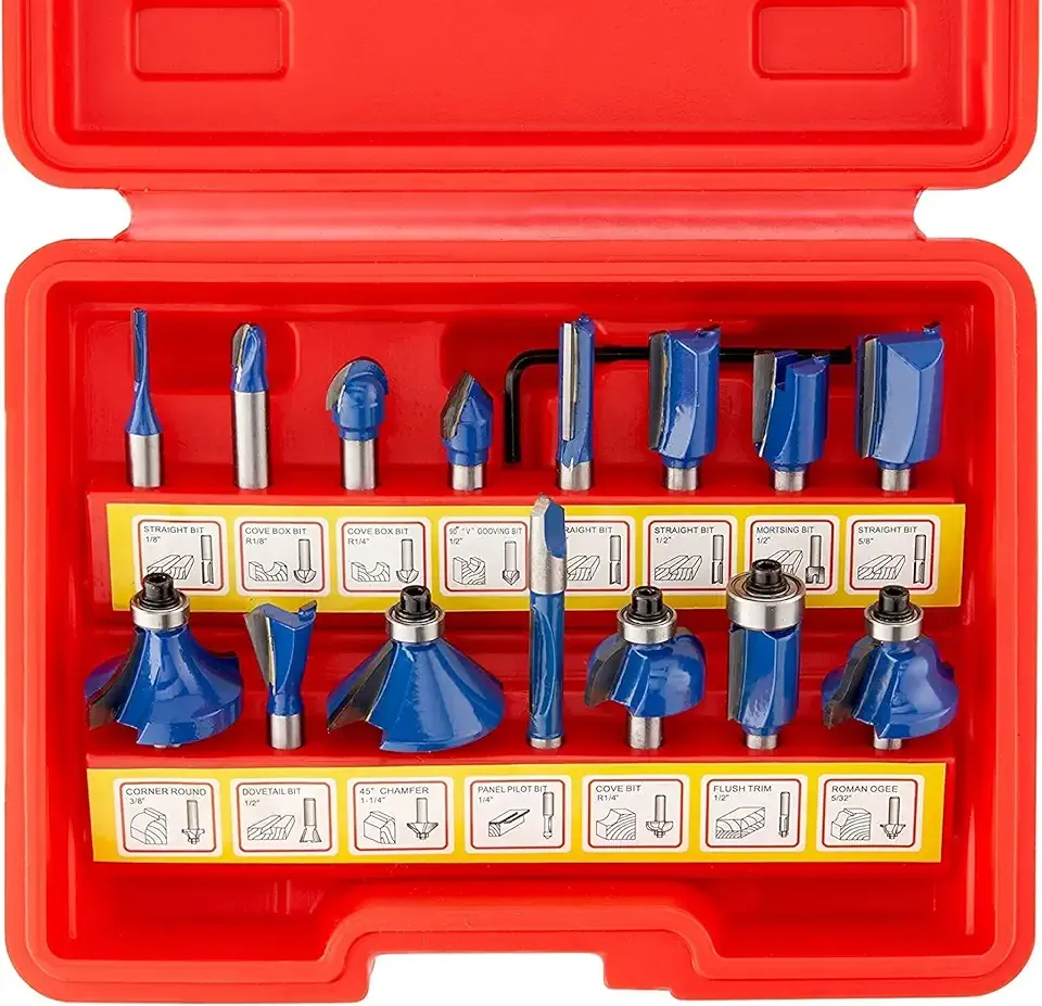 HILTEX 10100 Tungsten Carbide Router Bits, 15 Piece Router Bit Set, 1/4” Router Bit Shank Tungsten Carbide Router Bits, Chamfer for Woodworking on Wood, Blue
