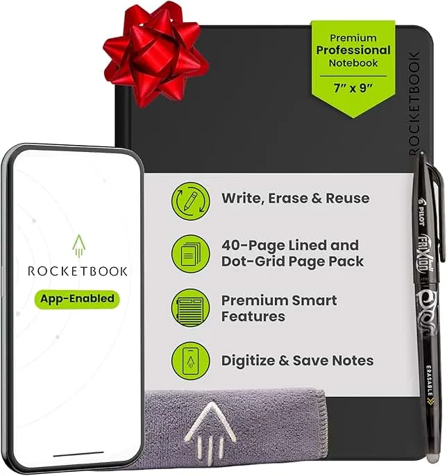 Rocketbook Pro Smart Reusable Notebook, Lined & Dotted Interchangeable Pages, For Work and Business Meetings, Executive 7x9, Black