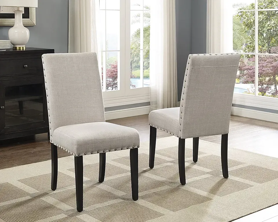 Roundhill Furniture Biony Tan Fabric Dining Chairs with Nailhead Trim, Set of 2, Brown, Tan
