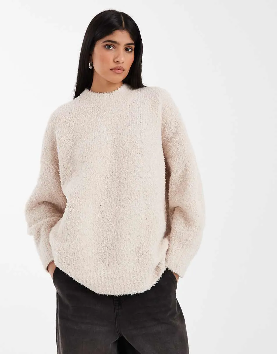 ASOS DESIGN oversized boucle jumper with curved hem in oatmeal
