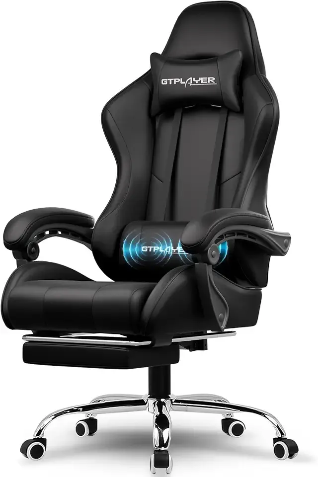 GTPLAYER Gaming Chair, Computer Chair with Footrest and Lumbar Support, Height Adjustable Game Chair with 360°-Swivel Seat and Headrest and for Office or Gaming (Faux Leather, Black)