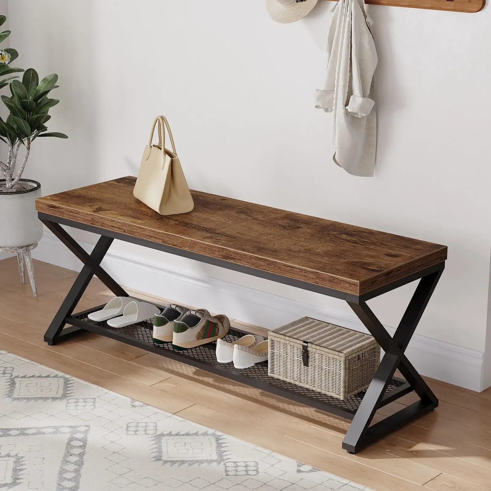 LVB Rustic Entryway Bench, 47” Shoe Bench with Storage for Entry Way, Industrial Shoe Rack Bench with Seating for Foyer Entrance, Farmhouse Wood Bench for Hallway Living Room Bedroom, Rustic Brown