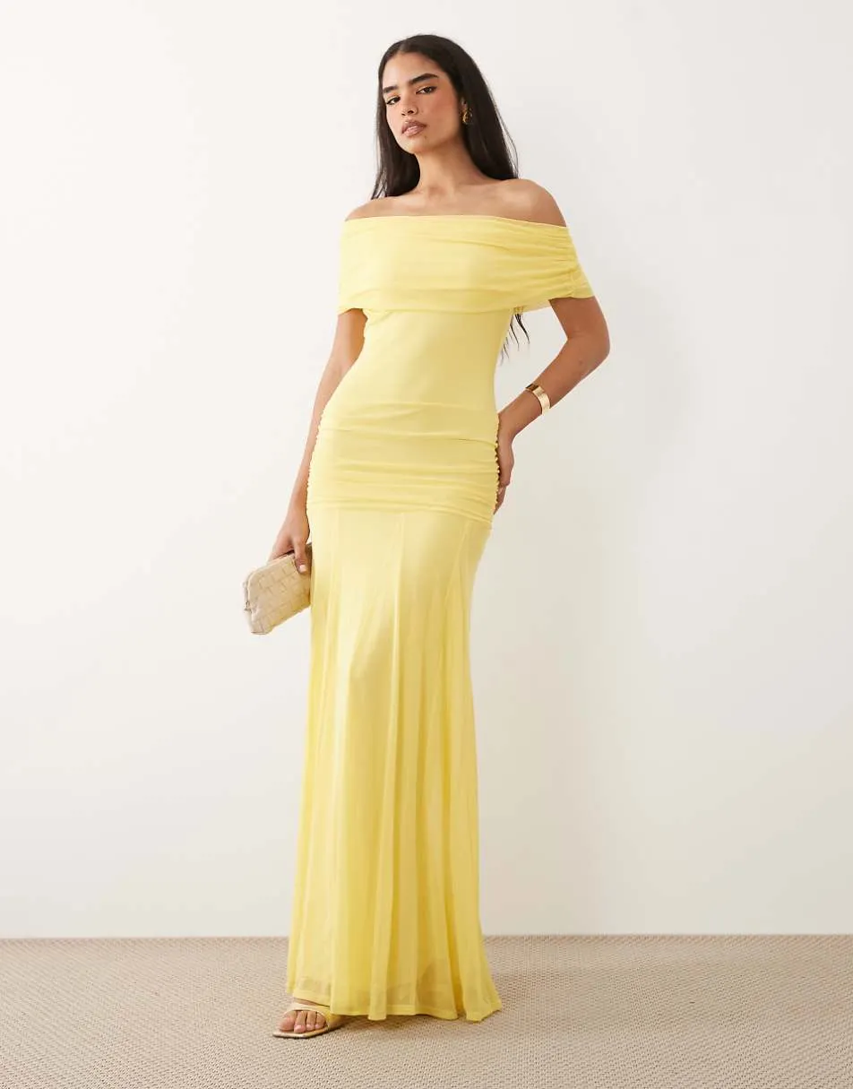 ASOS DESIGN mesh off shoulder cinched dropped waist maxi dress with high godet detail in lemon
