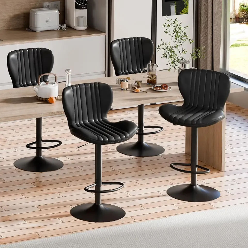Shintenchi Bar Stools Set of 4 Modern Swivel Bar Chairs, Counter Height Faux Leather Metal Barstools, Upholstered Island Chairs with Back and Footrest, Black