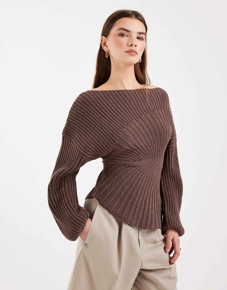 ASOS DESIGN knitted cinched pleated jumper in brown