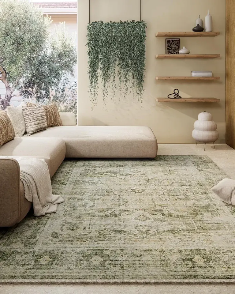 Machine Washable Living Room Rug: 5'x7' Bedroom Area Rug Boho Vintage Large Rugs Stain Resistant Non Slip Low Pile Faux Wool Soft Rug for Dining Room Bedside Kitchen Entryway Nursery Home Office