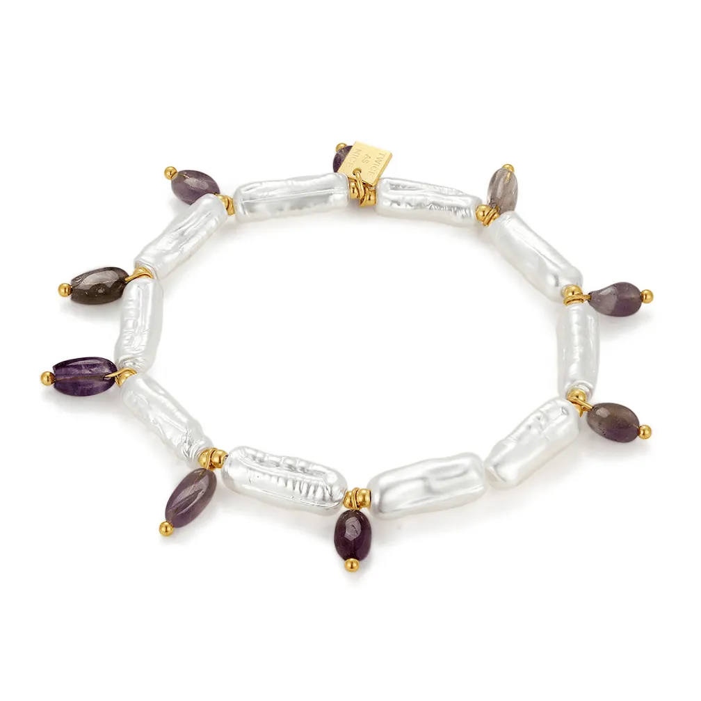 Armband in high fashion, zoetwaterparels en paarse stenen