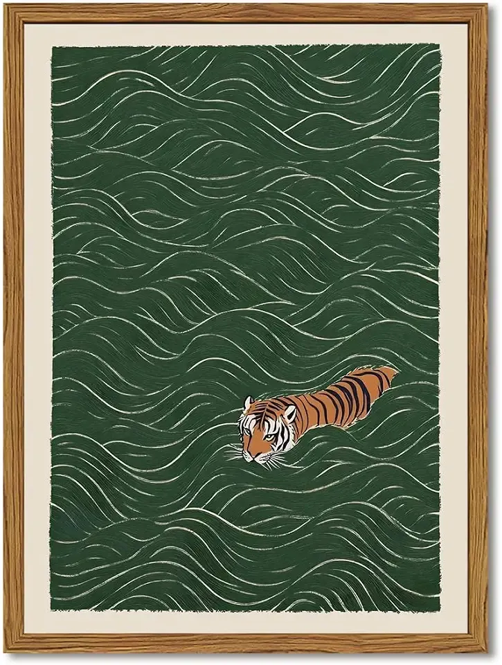 Framed Japanese Tiger Wall Art, Vintage Tiger Swimming Pictures Wall Decor, Funny Wild Animal Paintings Canvas Prints Eclectic Home Decor for Living Room Bedroom Bathroom 12x16 inch