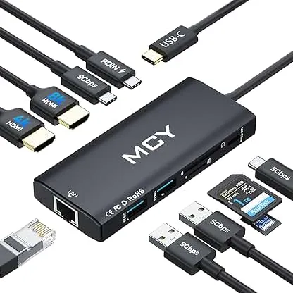 MCY USB C Hub,Laptop Docking Station Dual Monitor Single 8K,2x4K@60Hz,10 in 1 Type-C Multiport Adapter with 2 HDMI,PD100W,Extender Splitter,Card Reader,Ethernet Dock for Mac/Dell/HP/Surface/Steam Deck MCY USB C Hub,Laptop Docking Station Dual Monitor…