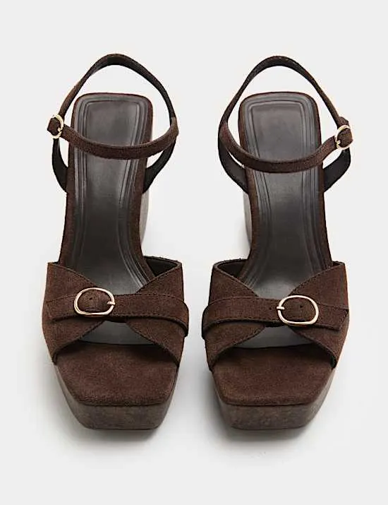 Suede Buckle Ankle Strap Wedge Sandals