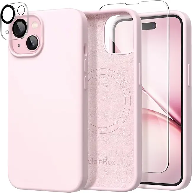GolbinBox Magnetic for iPhone 15 Case, Compatible with MagSafe, [Soft Anti-Scratch Microfiber Lining], Slim Liquid Silicone Shockproof Protective Phone Case for iPhone 15 6.1 inch, Chalk Pink